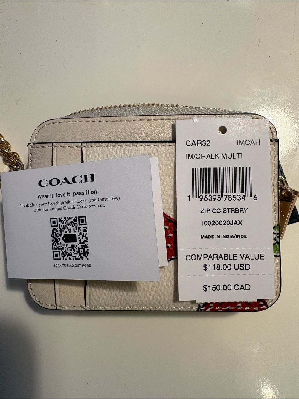 COACH White Strawberry Print Card Holder with Gold Chain - Picture 8 of 9